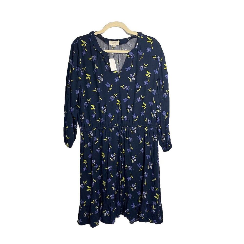 New Ann Taylor Loft Floral Shirt Dress‎ Women’s Large Drop Waist V-Neck Navy